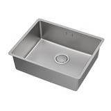 Kuchyňský dřez z nerezové oceli s jednou mísou, obdélníkový, moderní design, elegantní a štíhlý, s odtokovým otvorem ve středu dole.