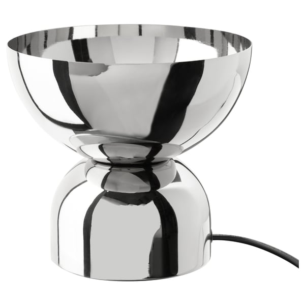 Modern, bowl-shaped, silver metallic lamp with sleek design, reflecting light for stylish ambiance.