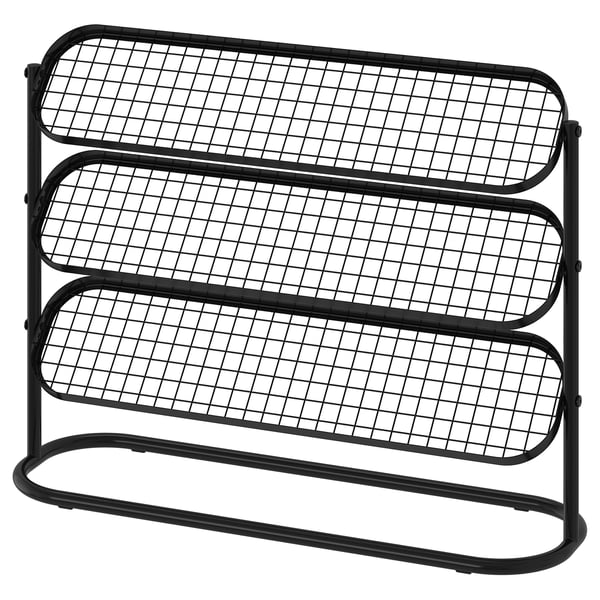 Black metal shoe rack, 4-tier design, sleek and modern, robust steel construction.