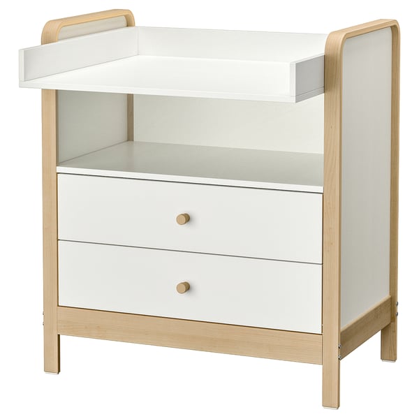 An ÄLSKVÄRD white and light wood changing table with two drawers. It has a simple, modern design with a flat top and curved guardrails.