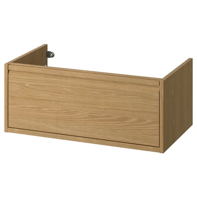 ÄNGSJÖN oak-brown wall-mounted bathroom cabinet with single drawer.