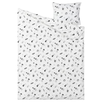 AFTONSPARV: white duvet & pillow with black space illustrations. Cotton & viscose. Square, soft, monochrome, fun.