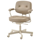 Alefjall ergonomic office chair in beige leather, padded armrests, adjustable lumbar support, 5-pronged base with wheels.