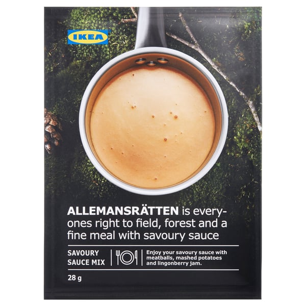 Ikeas ALLEMANSRÄTTEN packaged savory sauce mix, 28g, shown on a forest backdrop.