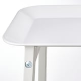 White plant stand close-up, sleek tray, sturdy legs.