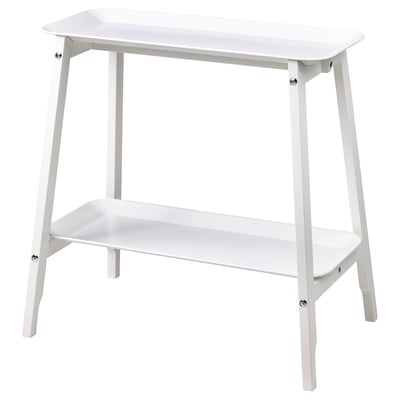 Displays a white ALPVIDE plant stand with a rectangular steel tray and wooden legs, featuring a minimalist design.