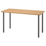 An ANFALLARE table. Its light brown, rectangular, with four grey legs. The design is minimalistic and modern.