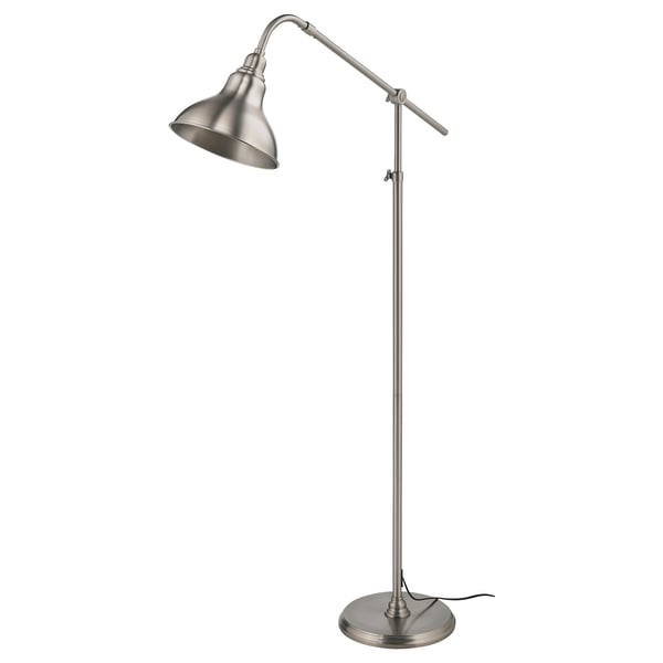 An ANKARSPEL floor lamp. Its brushed silver with an adjustable arm and dome-shaped shade. Perfect for reading, stylish and practical.
