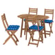 Wooden outdoor table and four chairs. Chairs have blue polka dot cushions. Set foldable, natural finish.