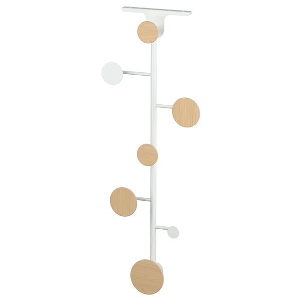 BÄRFIS coat rack, white & bamboo, adjustable, circular knobs, wall-mounted.