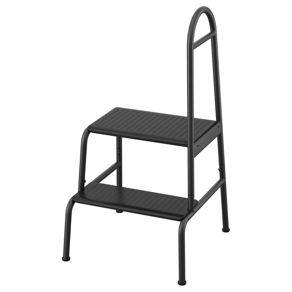 A BÄSINGEN 2-step stool in dark grey, featuring a metal frame, non-slip steps, and an easy-grip side rail for stability and support.