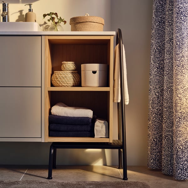 Dark grey BÄSINGEN bathroom stool with side rail, non-slip surface, steel and plastic.