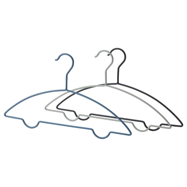 Three metal hangers in blue, silver, and black, designed for childrens clothes, featuring an anti-slip surface and no sharp edges.