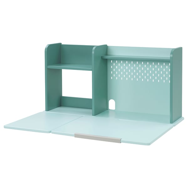 A turquoise bergläkra organizer with shelves and foldable desk.