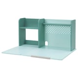 A turquoise bergläkra organizer with shelves and foldable desk.