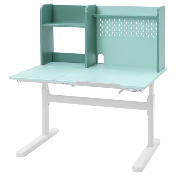 Berglärke turquoise desk and organizer, powder-coated steel and fiberboard, rectangular with adjustable height legs.