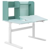 Ikea BERGLÄRKA desk in light green with white legs, adjustable height, has shelves and storage.
