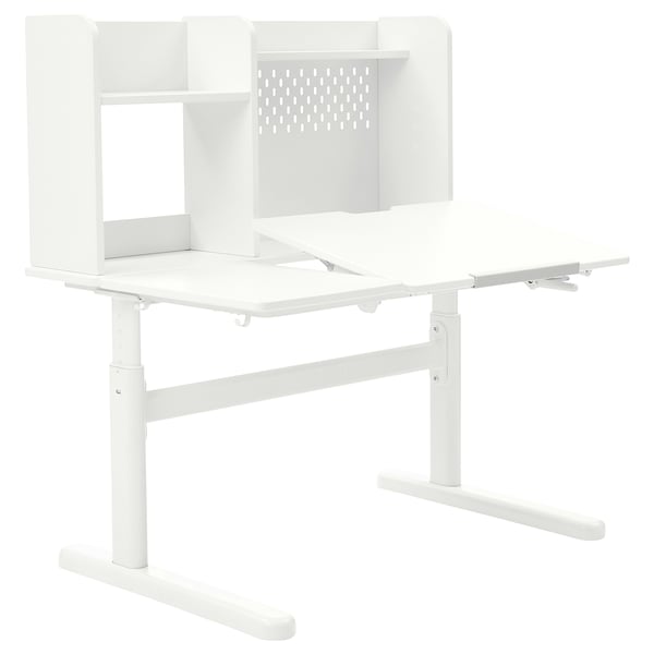 White BERGLÄRKA adjustable desk with storage units.