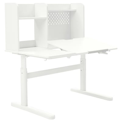 Berglärk white kids adjustable desk with pegboard and tiltable top.