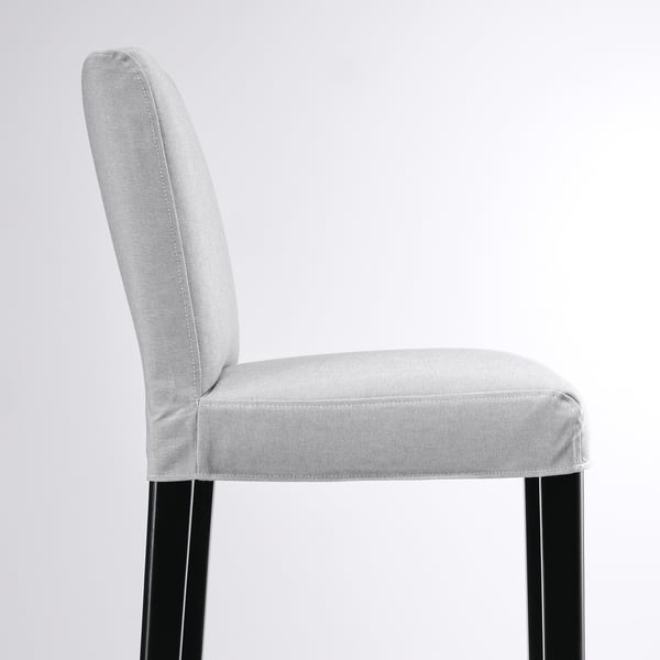 Modern grey fabric bar stool, sleek black legs, comfortable back support.