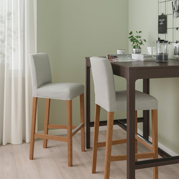 BERGMUND stools at wooden counter with coffee maker, cups & plants. Tall, cushioned, light grey & wood.