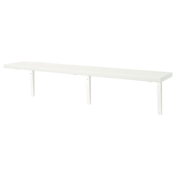 A white wall shelf called BERGSHULT. Its rectangular, with one beveled and one smooth edge, supported by metal brackets.