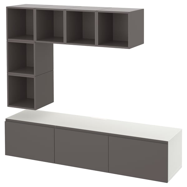 Modern grey l-shaped BESTÅ storage with shelves and cabinets for tv.