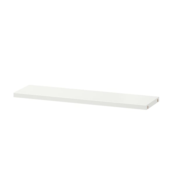 White BESTÅ shelf, slim rectangular design, flat surface, wall-mounted.