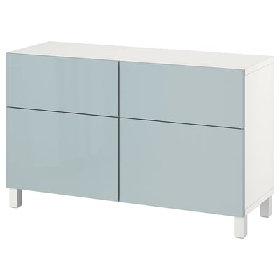 Light blue and white BESTÅ sideboard with four drawers and square legs.