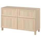 Light wood cabinet, BESTÅ, light brown, square, minimalist, six panels, four legs.