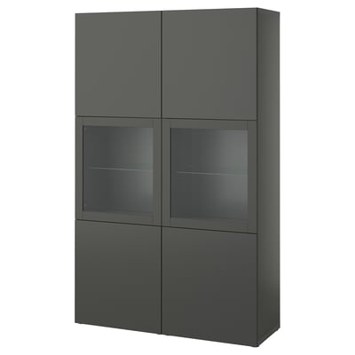 An ikea BESTÅ dark gray cabinet with glass doors and shelves. It a modern design with sleek lines and adjustable storage.