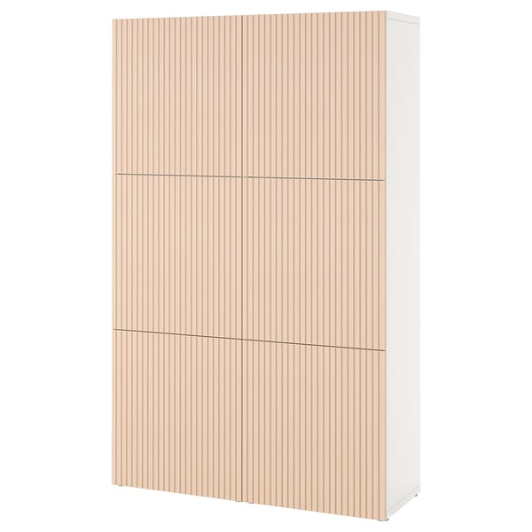This image shows a white BESTÅ storage cabinet with light wooden slatted doors and adjustable shelves.