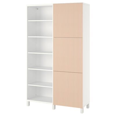 White BESTÅ storage unit with light wood doors and adjustable shelves.