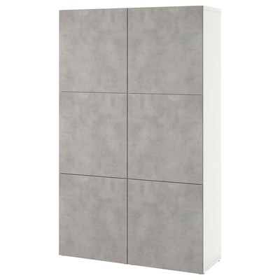 A white BESTÅ storage cabinet with six grey concrete-effect doors. The cabinet has a rectangular shape and modern design, ideal for home organization.