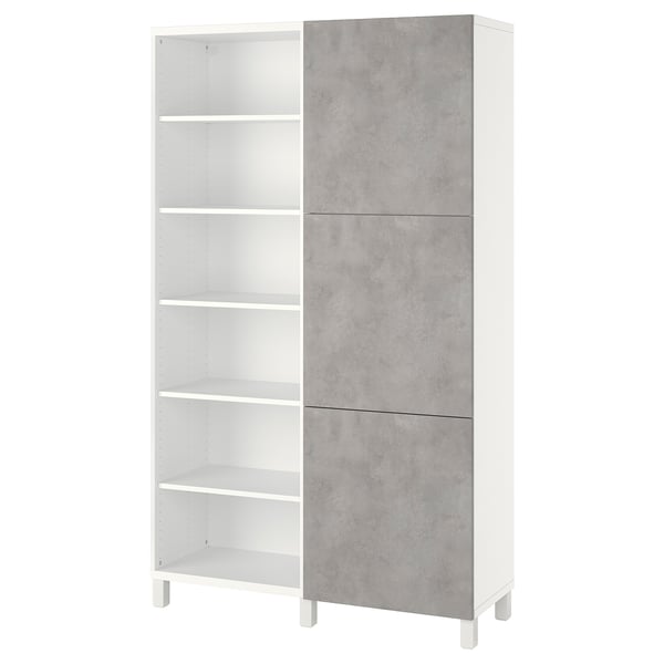 White BESTÅ storage unit with gray doors, modular shelves, adjustable.