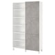 White BESTÅ storage unit with gray doors, modular shelves, adjustable.