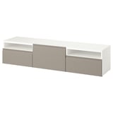 A white BESTÅ tv bench with two drawers and open shelves, featuring a modern and minimalist design for organizing and storing media devices.