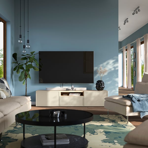 BESTÅ TV bench, white stained oak effect/Krukmakare beige, 180x42x39 cm