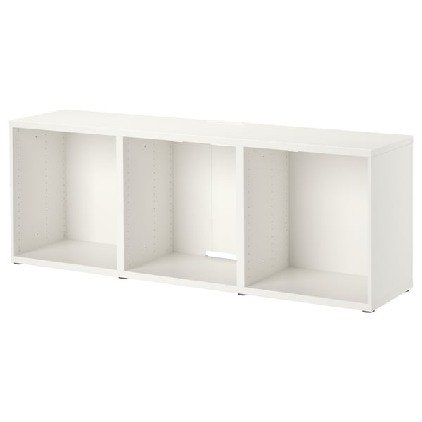 A white ikea BESTÅ tv bench with an open design, divided into three compartments, perfect for storage.