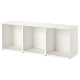 A white ikea BESTÅ tv bench with an open design, divided into three compartments, perfect for storage.