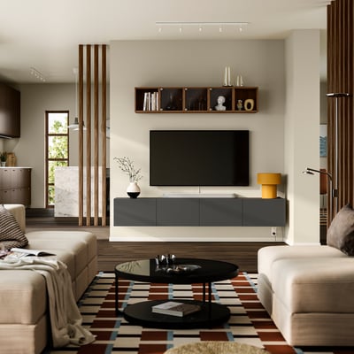 BESTÅ TV bench with doors, dark grey/Lappviken dark grey, 240x42x38 cm