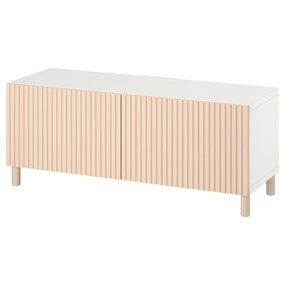 Modern white BESTÅ tv bench with light birch panels and legs, featuring cable management and adjustable shelves.