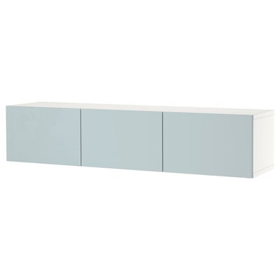 A white BESTÅ tv bench with three light blue doors. This modern furniture piece offers storage and cable management solutions.