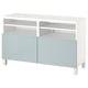 White BESTÅ tv stand with adjustable shelves and light blue doors.