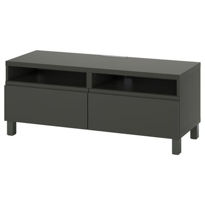 Modern dark grey tv stand with sleek design, two drawers, and cable management.