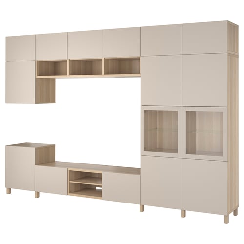 Modern light wood storage system with shelves, cabinets, and glass doors.