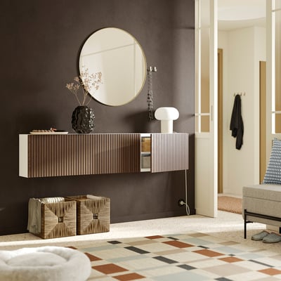 BESTÅ Wall-mounted cabinet combination, white brown/Björköviken stained oak veneer, 180x22x38 cm