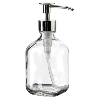 BESTÅENDE soap dispenser, clear glass with chrome pump, rectangular shape, simple design.