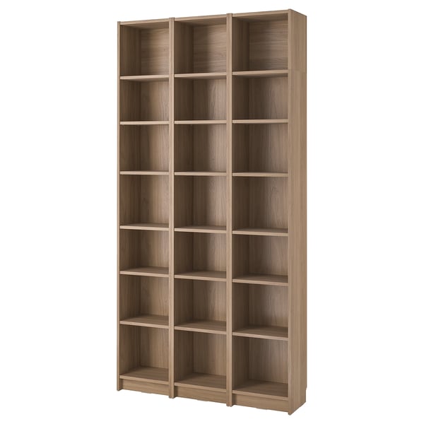 Tall BILLY wooden bookcase, light brown, rectangular, adjustable shelves.
