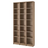 Tall BILLY wooden bookcase, light brown, rectangular, adjustable shelves.